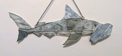 Stained Glass Great Hammerhead Shark, Large Shark Wall Decor, 23W By 9H