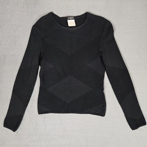 Chanel, Chanel Shirt Womens 40 US 6 Stripe Ribbed Black Long Sleeve Rayon France VTG