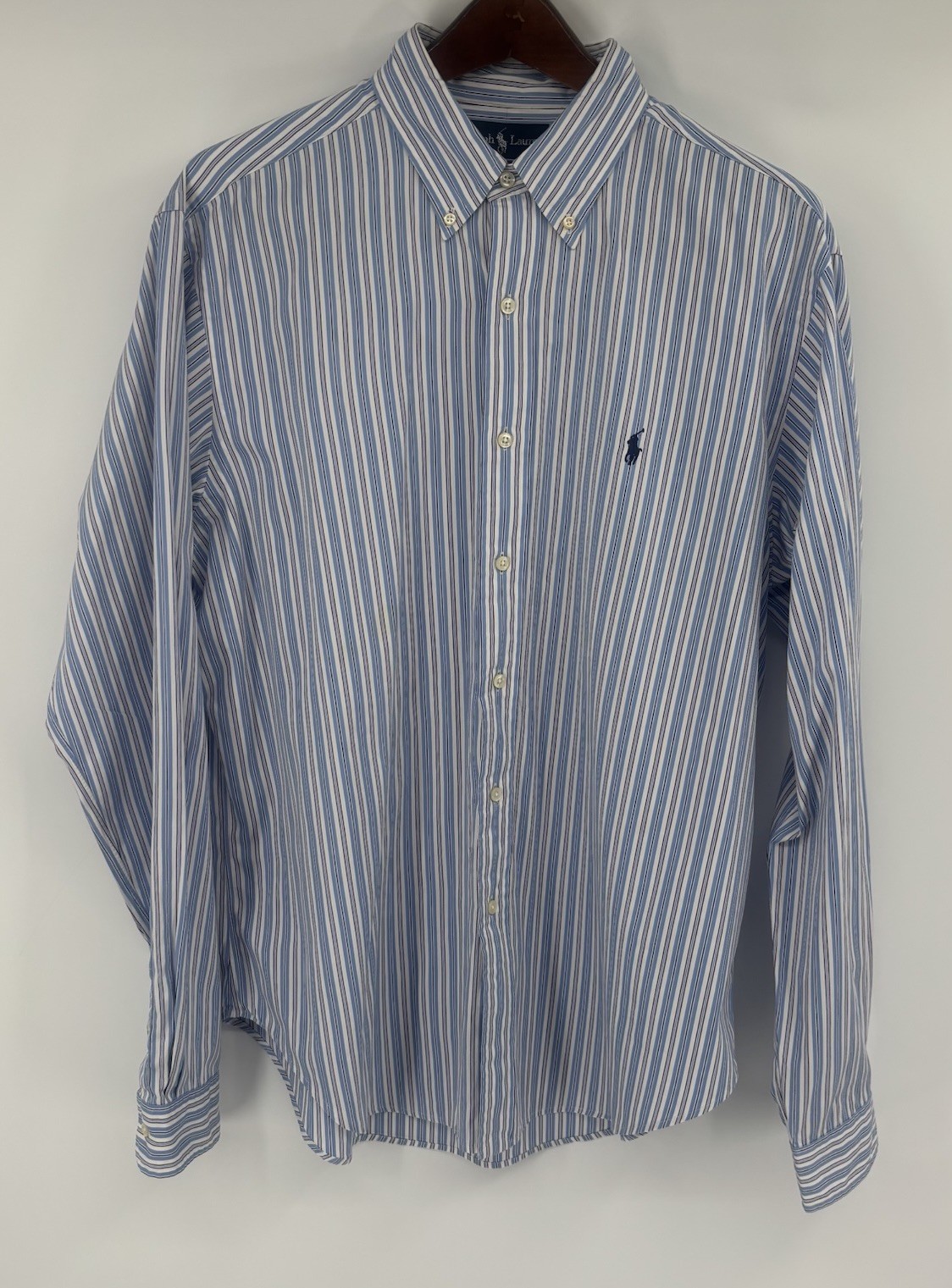 Camicia Ralph Lauren blu righe pony logo bottoni classico lusso 16 5 36 37