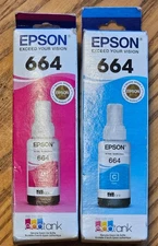 Epson Genuine 664 Color Ink Cyan Magenta- Sealed Bottles - New Best by 2020