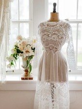 Edwardian White Cotton Lingerie Dress With Mixed Lace Size L/XL Boho Wedding