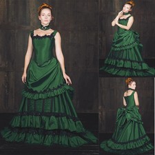 Dark Green Sleeveless Victorian Ball Gown Black Ruffle Historical Costume Dress