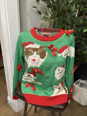 Ugly Holiday Sweater with Cat Design Festive Elves Christmas Sweater Medium Y2K