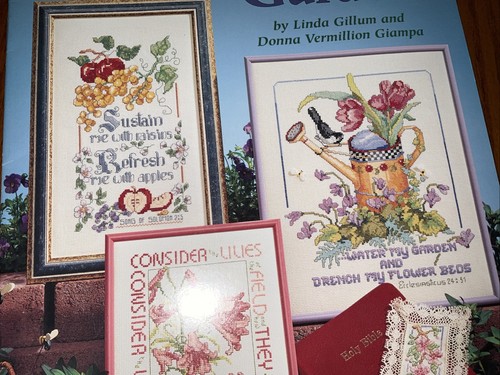 Vtg Biblical Garden Cross Stitch Pamphlet Flowers Bible words - Picture 6 of 14