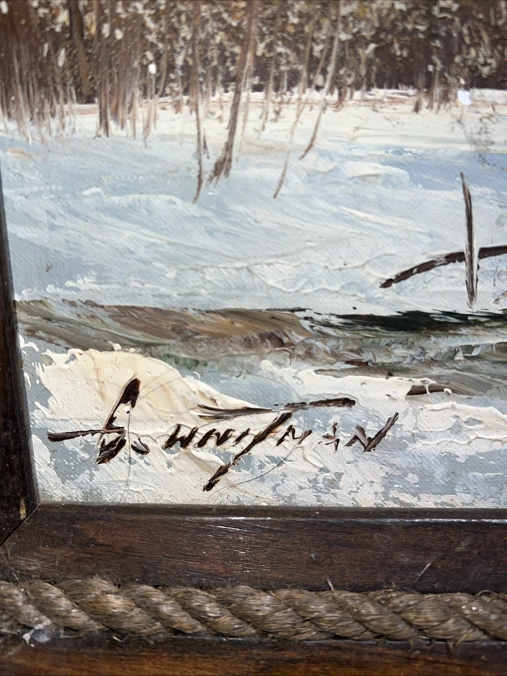 Pintura Vintage Invierno Escena Puesta de Sol Enmarcada Óleo Foto 2 de 4