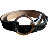 WCM New York Black Leather Calf Hair Abstract Design Belt 34" Circular Buckle