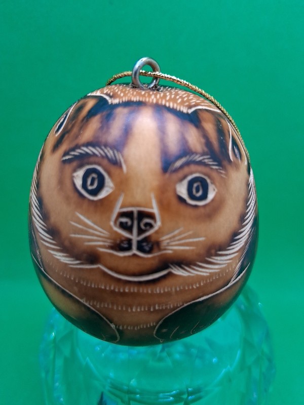 CAT Gourd  Ornament Hand Carved and Painted In Peru Christmas