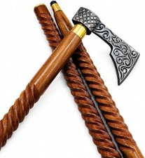 Handcrafted Wooden Walking Cane Axe Handle Brass Decorative Walking Stick 36"