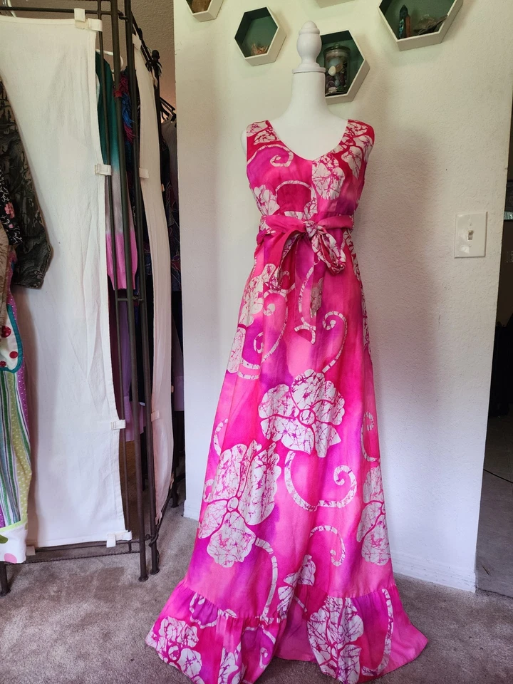 Maxi Vestido Hawaiano De Colección Años 70 Dos Patatas Laguna Beach Dayglo Talla M Boho Festival Foto 2 de 4