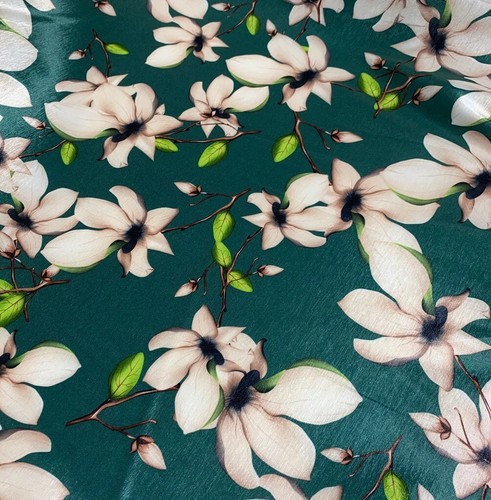 Teal Green Magnolia Floral - Stretch Polyester Taffeta Fabric - Picture 2 of 2