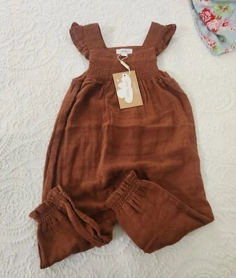 NWT ANGEL DEAR 12/18 MONTH BROWN FLUTTER SLEEVE SMOCKED FULL ROMPER 100% COTTON - Image 1 of 4