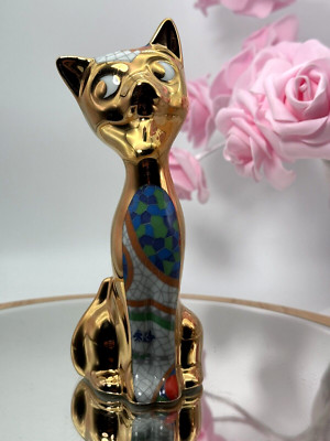 Vintage Figur Katze Gual Art Estil Artur Porzellan 24k Gold Mosaik