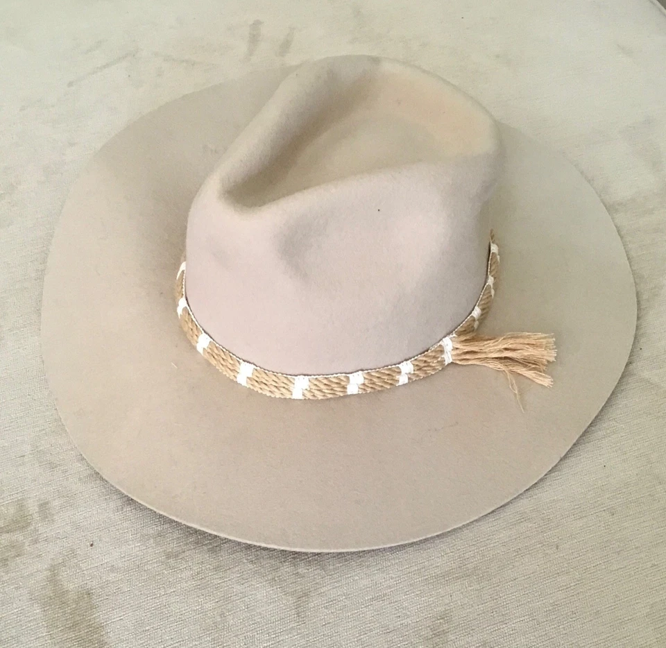 Anthropologie Riverside Trimmed Rancher 帽子羊毛毛毡灰褐色编织带 O/S 全新带标签 — 第 3/4 张图片