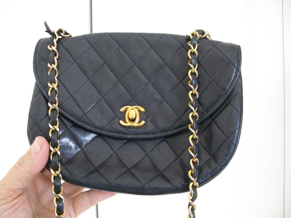 CHANEL Vintage Black Half Moon Front Flap Quilted Leather Chain Strap Bag