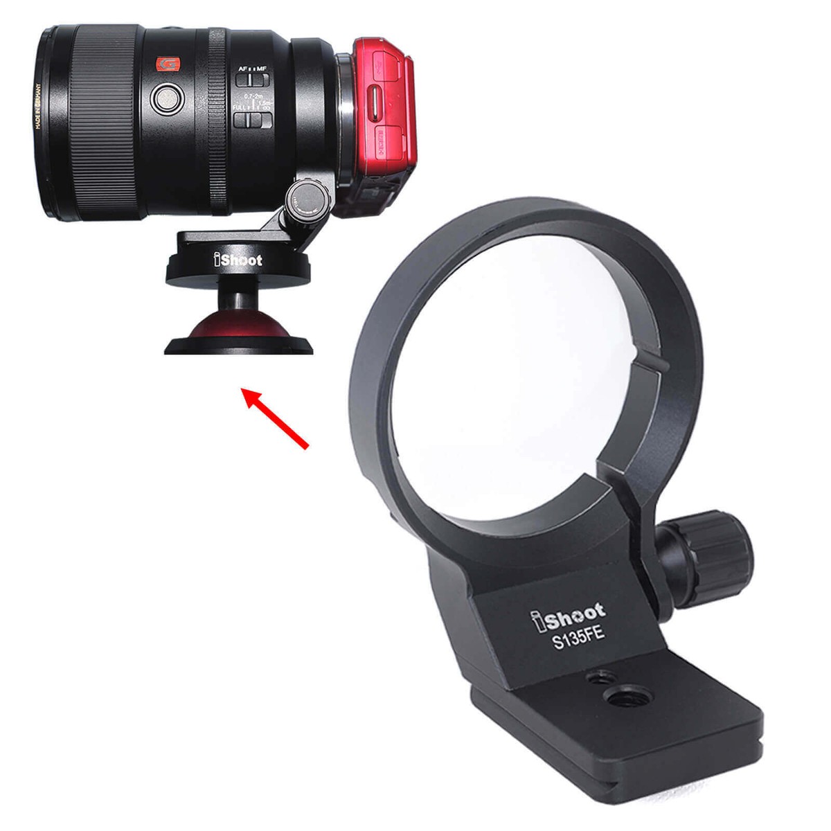 IShoot Anneau De Montage Pour Trépied Bague Collier D'Objectif Compatible Avec Sony FE 135mm F/1.8 GM Lens SEL135F18GM, Support Lentille Le Bas Est La Plaque De Dégagement Rapide Caméra Arca-Swiss Fit