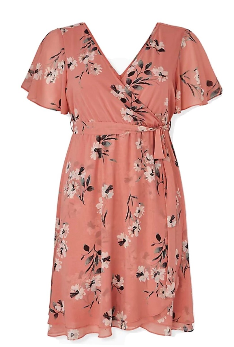 Torrid DUSTY CORAL FLORAL CHIFFON WRAP DRESS 1X Size 1 14-16