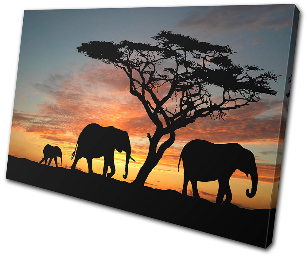 Animals Elephants African Sunset SINGLE CANVAS WALL ART Picture Print ...