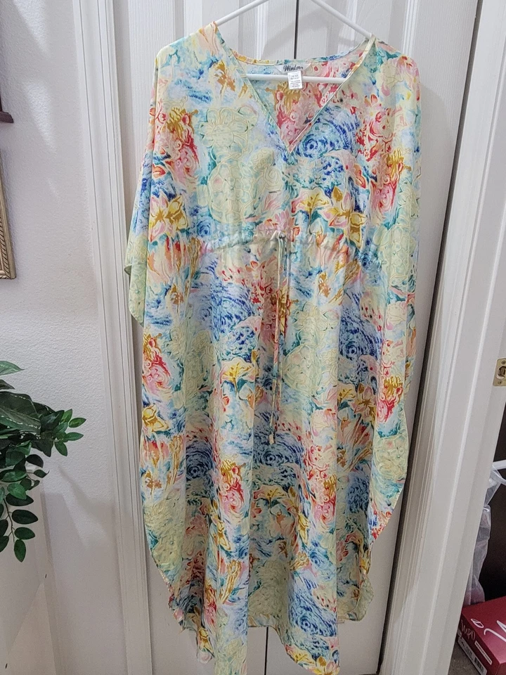 Winlar satinado caftán cachemira floral rojo dorado para mujer talla única Foto 3 de 4