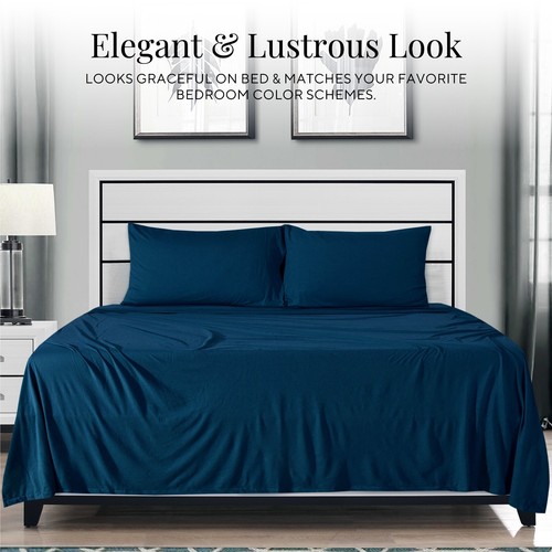 Cotton Jersey Knit Fabric 4 Piece Stretchy Bed Sheet Set Twin XL/Queen/King Size - Picture 89 of 114