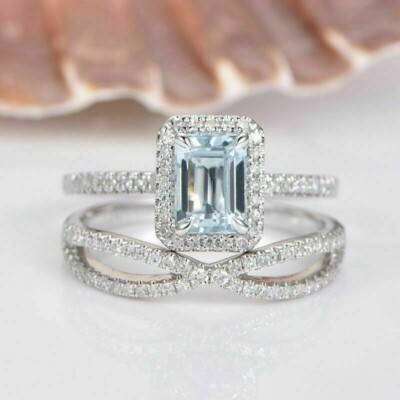 Women 3ct Emerald Blue Aquamarine Engagement Ring Bridal Set 14k White Gold Over
