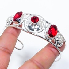 Red Garnet Gemstone 925 Sterling Silver Jewelry Cuff Bracelet Size 7-8"
