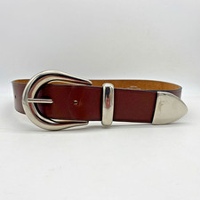 Genuine Italian Leather Womens 28.5-32.5" Classic Brown Belt Large Silver Buckle