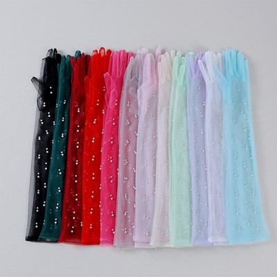 Transparent Tulle Pearl Gloves Full Finger Long Gloves Women Wedding Opera Party