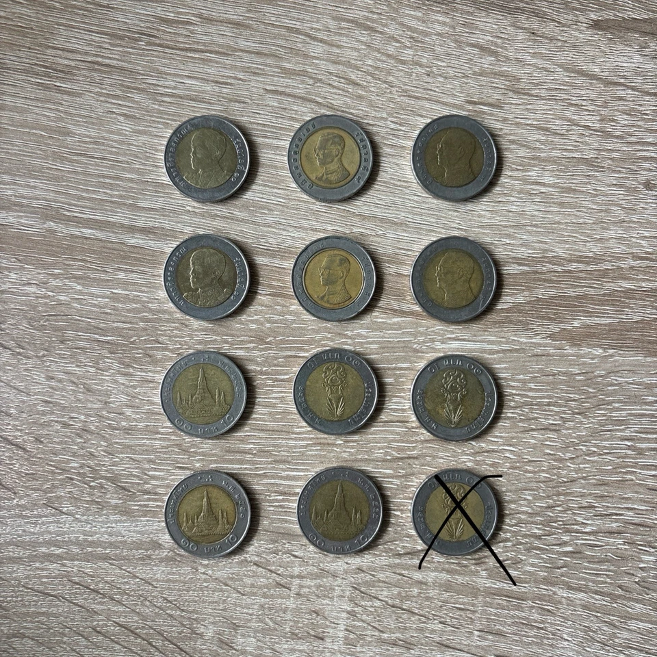 Thailand 11 x 10 Baht Münzen, Umlaufmünzen, König Rama IX und König Rama X - Bild 2 von 2