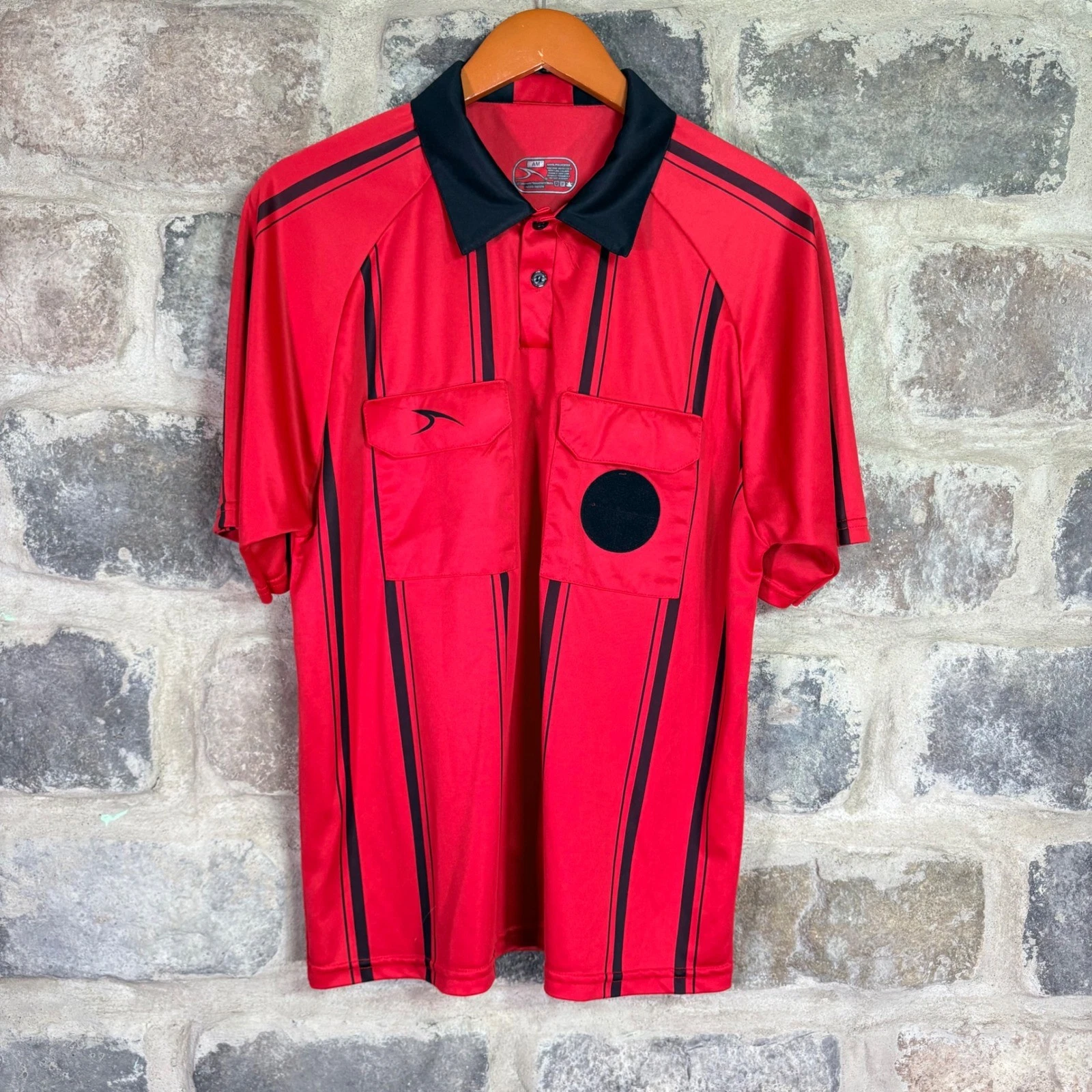 Score Apparel Mens Red Black Striped Soccer Referee Jersey Shirt Adult Medium