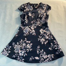 Vince Camuto Floral Fit & Flare sz 10 Dress Navy Pink White Cap Sleeve Women