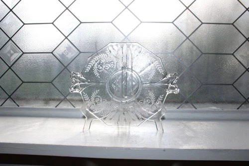Fostoria Glass Lemon Plate with Bow Handles Fern Rose Bowl 1920s