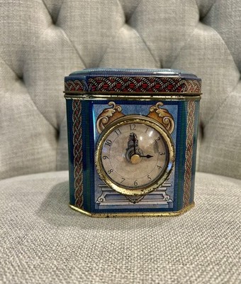 Vintage TIN CLOCK BOX Art Deco Brass Trim design octagon shape 4'' AS IS