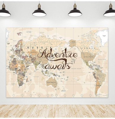 Adventure Awaits Backdrop World Map Photography Fabric Polyester Vintage 7Wx5H