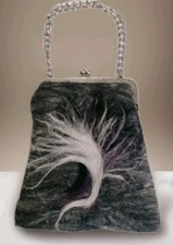 Handmade Felted Wool Bag Purse Boho Folk Art Gray Purple Kisslock Chain