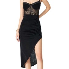 Cider Black Lace Whimsigoth Stretchy Ruched Split Cami Midi Dress Juniors NEW L