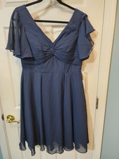Navy blue chiffon A-line V-neck knee-length dress  short flutter sleeve Size 8