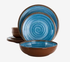 Family Dinnerware set, 12 pieces, Blue and Brown for Kitchen