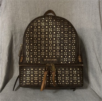 Michael Kors Brown Gold Geometric Cut Out Backpack Gold  display picture 3