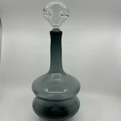 Blenko Glass “ Napoleon” Decanter Smokey Gray W Clear Stopper