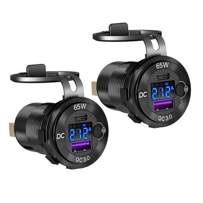 2x 12V USB Outlet Aluminum Car Charger PD65W Port for Laptop QC3.0 USB Voltmeter