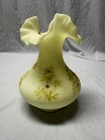 Fenton Satin Custard Glass Vase Hand Painted Yellow Floral Ruffled Signed