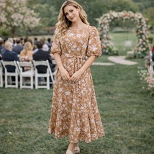 TALBOTS Women's Tan Floral Puff Sleeve Midi Dress Size 12