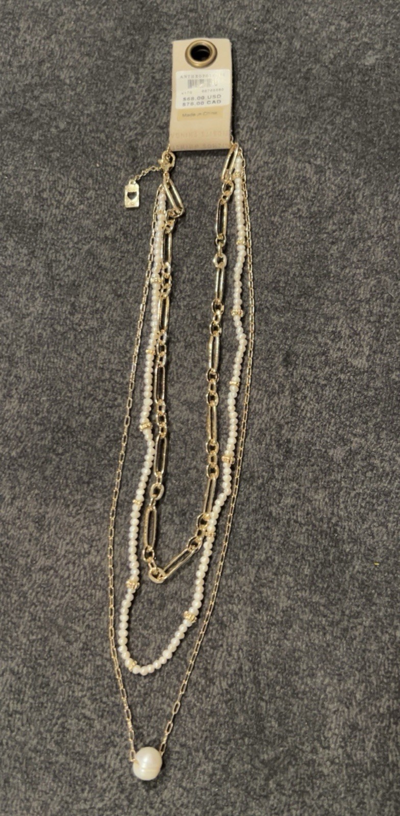 Anthropologie NWT  Layered Gold Tone Link Chain Pearl Bead Pendant Necklace