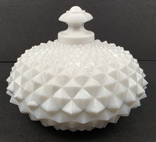 Westmoreland Milk Glass Diamond Point Sawtooth Lidded Candy Dish Round Vtg
