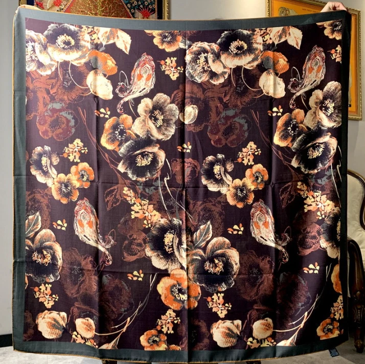 70% Cashmere 30% Silk Shawl flower Print Scarf Bandana 53'' Neckerchief Wrap new