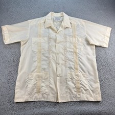 Vintage 90s Genuina Yuca Guayabera Button Shirt 44 White / Yellow Loop Collar