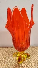 Vintage Viking Glass Four Square Footed Swung Persimmon Cadium Vase Glows