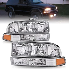 Pair Chrome/ Amber Headlights Bumper Lamps For 1998-2004 Chevy S10 Pickup Blazer