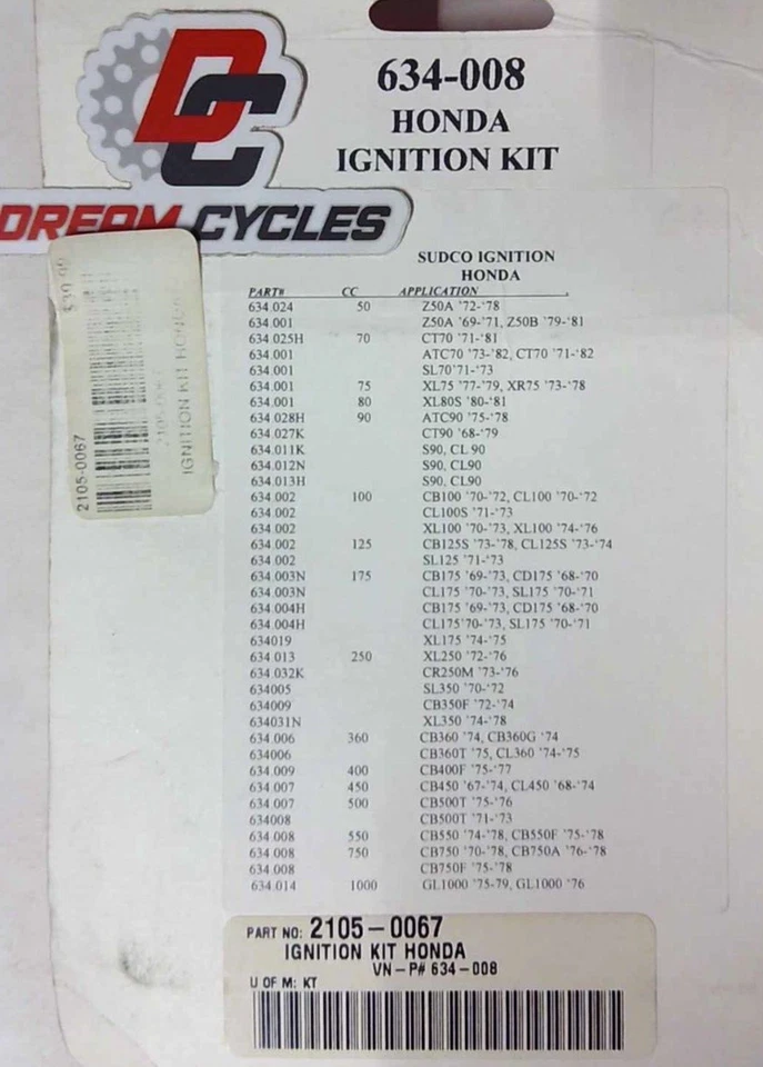 Nuevo kit de encendido Sudco M634-008 CB500 CB550 CB750 Z50A SL70 XL250 GL1000 SL350 Foto 2 de 2