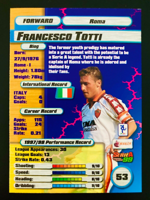 1998-99 Merlin Serie A 1999 # 53 Francesco Totti AS Roma card